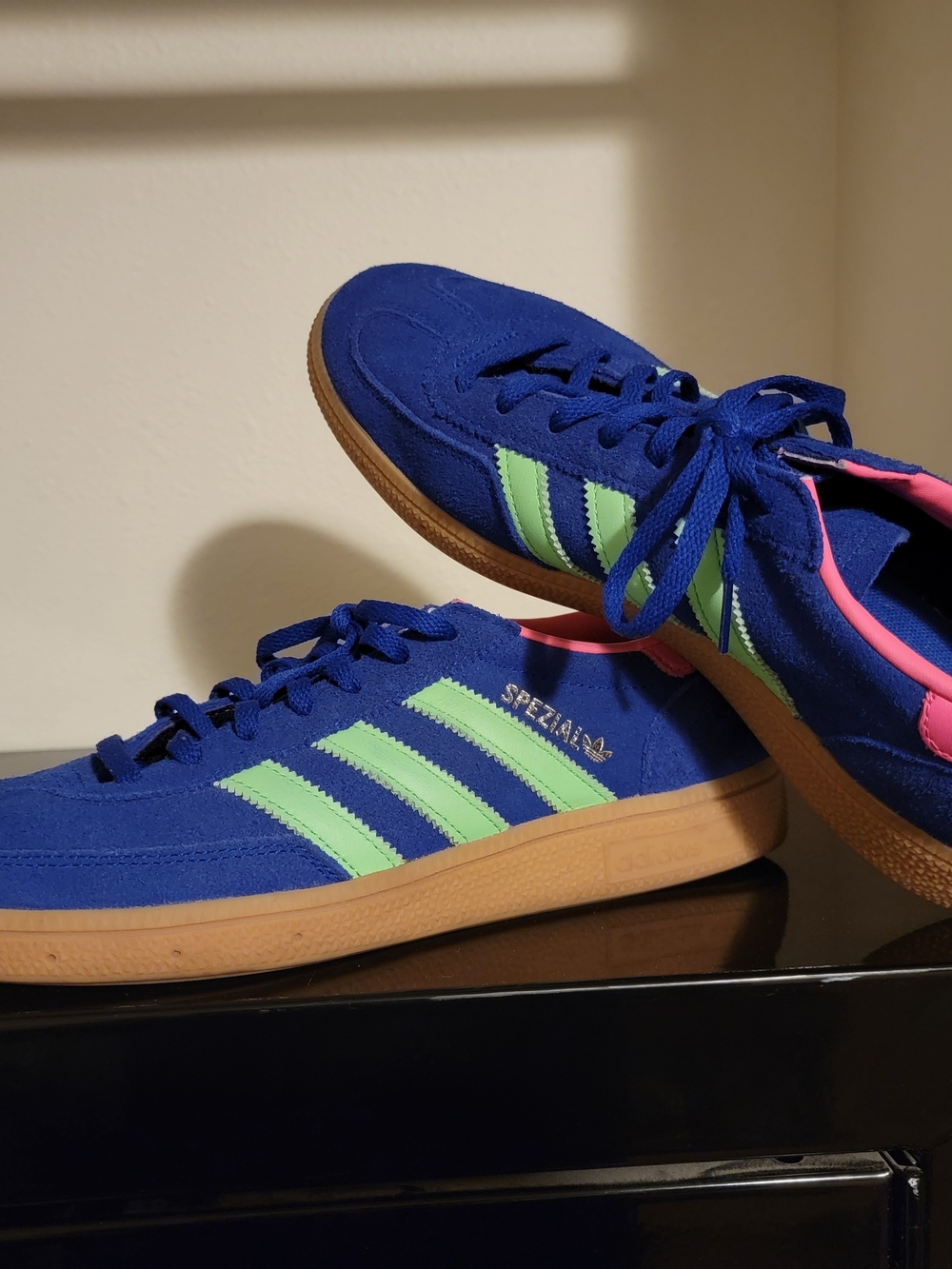 adidas Blue Suede Sneakers with Neon Green Stripes and Pink Heel